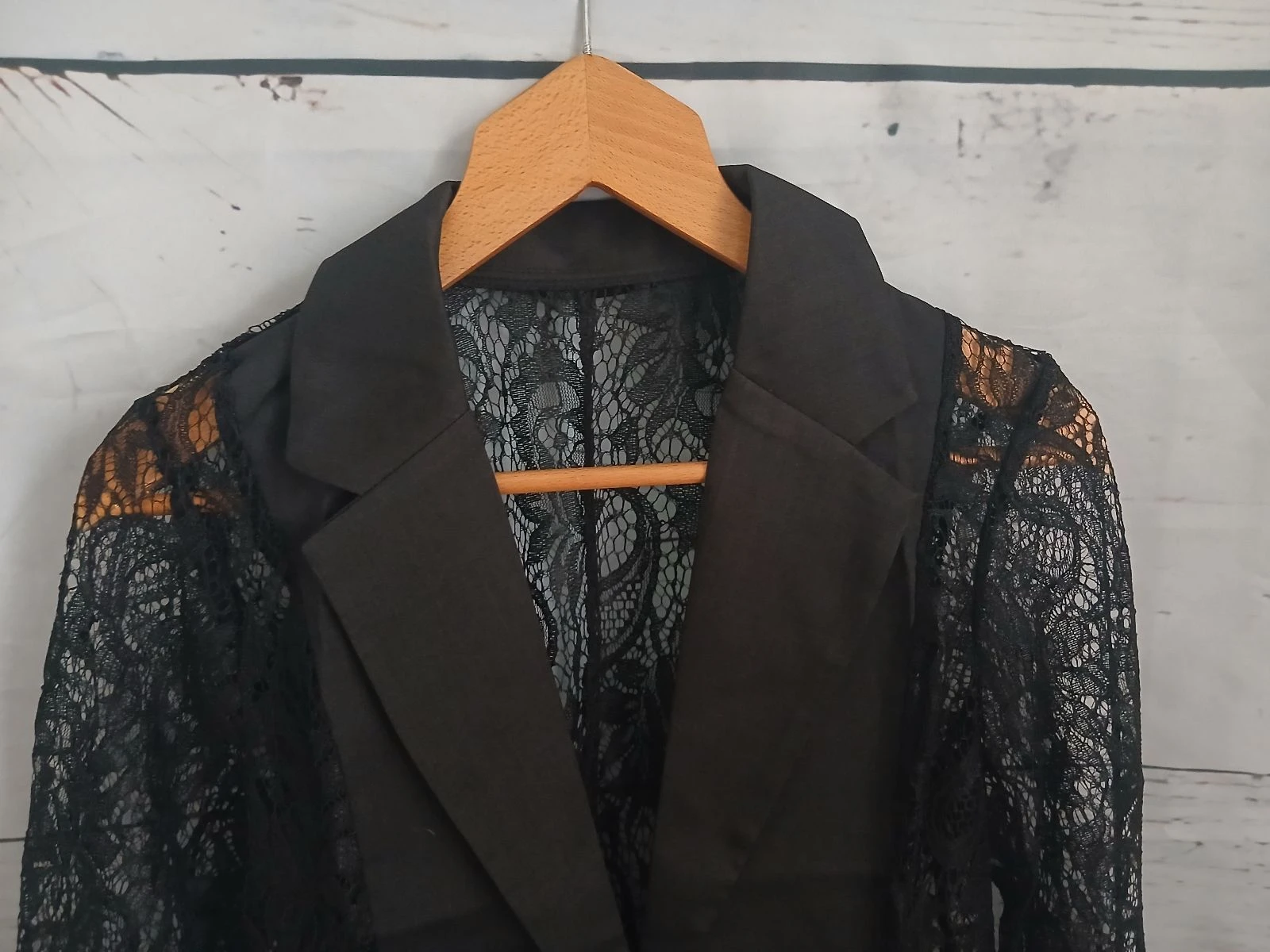 Veste / Blazer preto de dois materiais com renda – photo 7